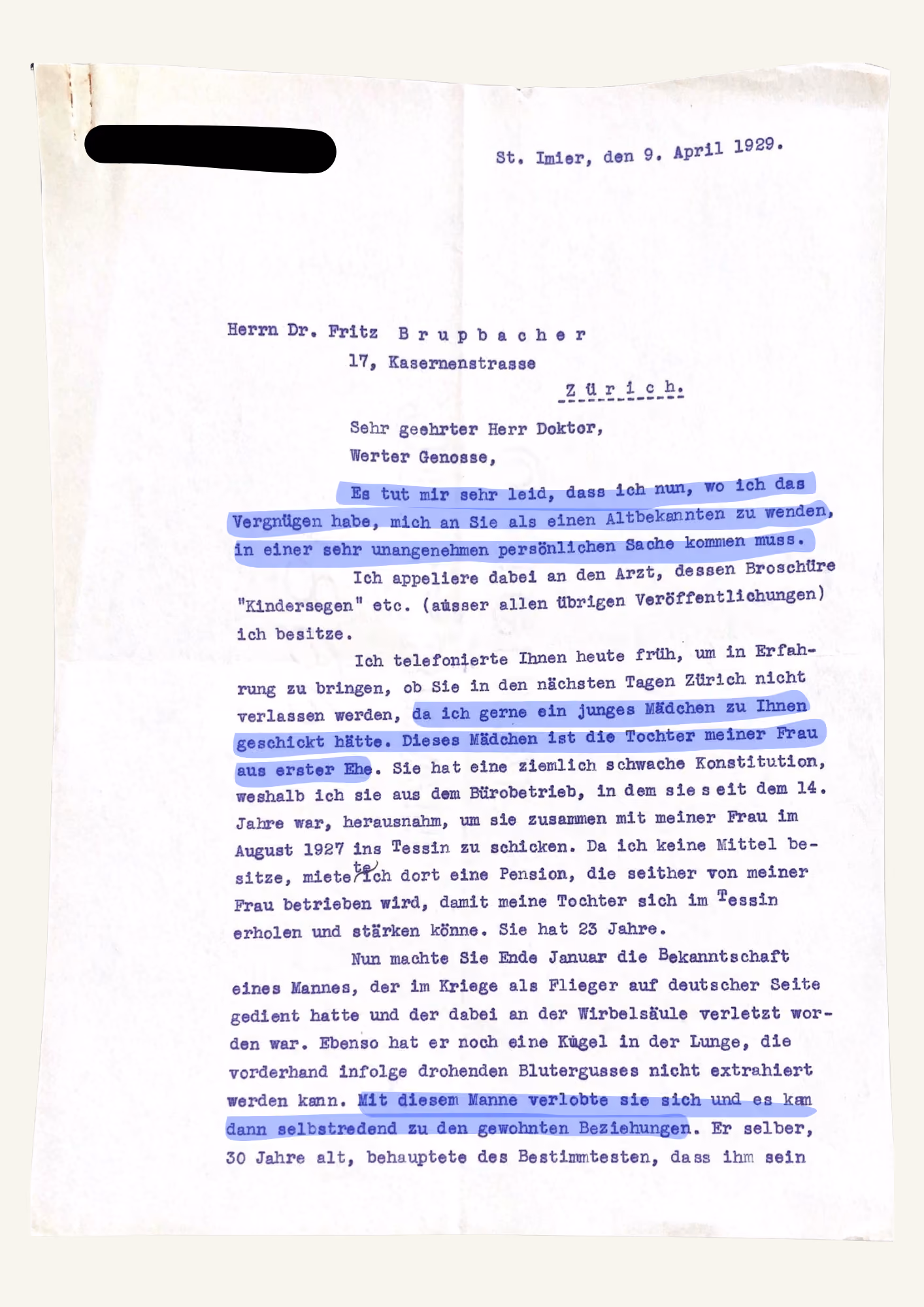 Ein Vater aus dem Jura schreibt an Fritz Brupbacher, um eine mögliche Schwangerschaft seiner Stieftochter abzuklären.