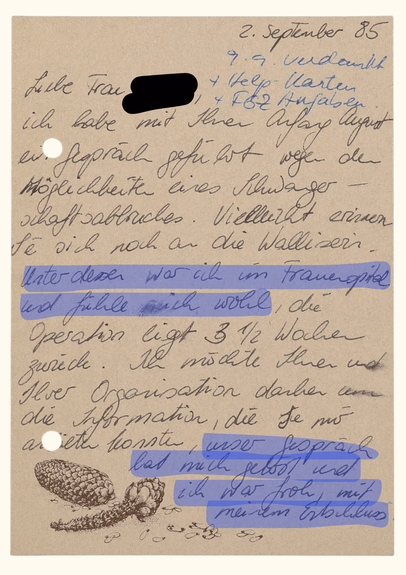 Dankeskärtchen an eine Help-Mitarbeiterin, 1985, Gosteli-Archiv
