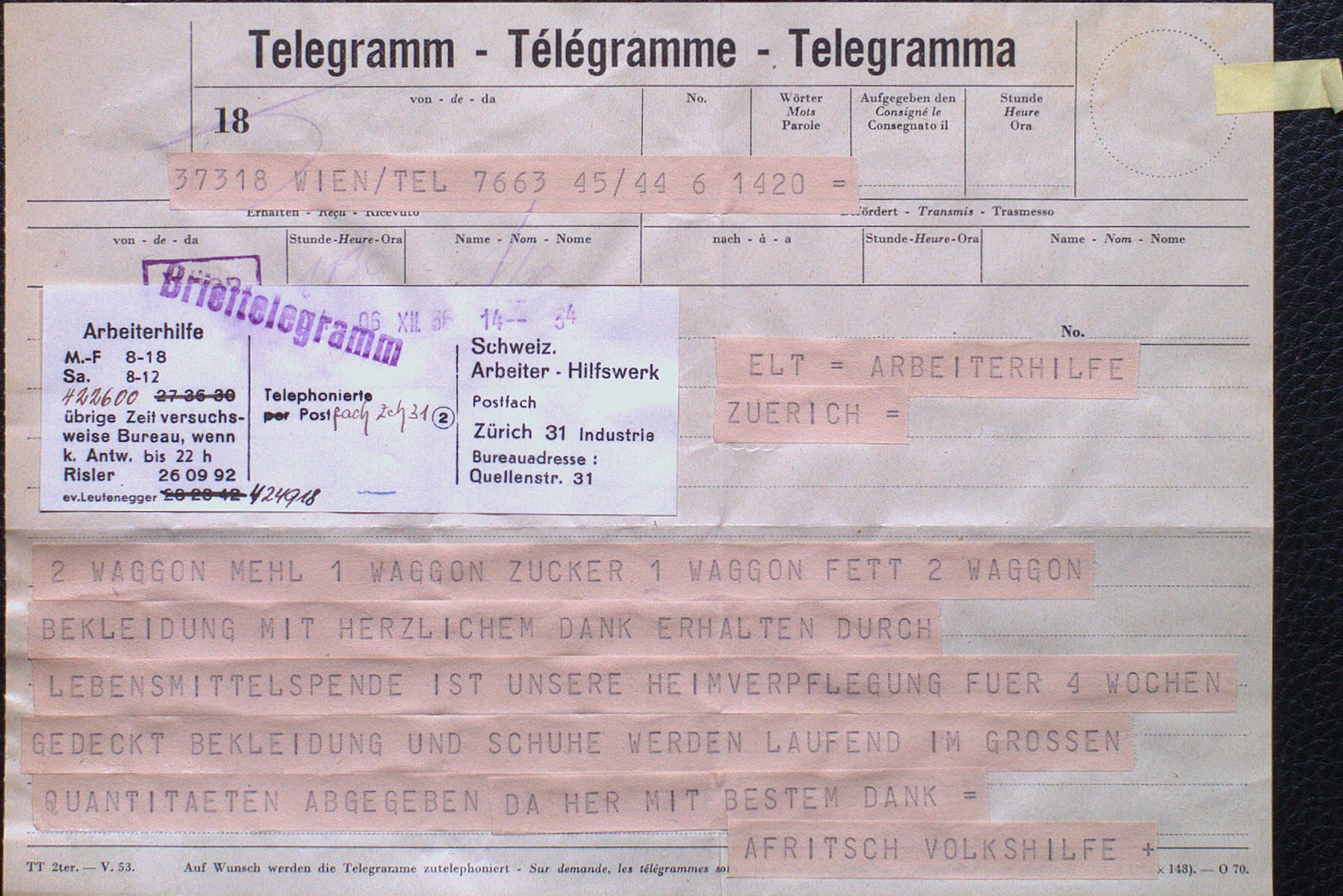 Telegramm aus Wien mit Danksagung