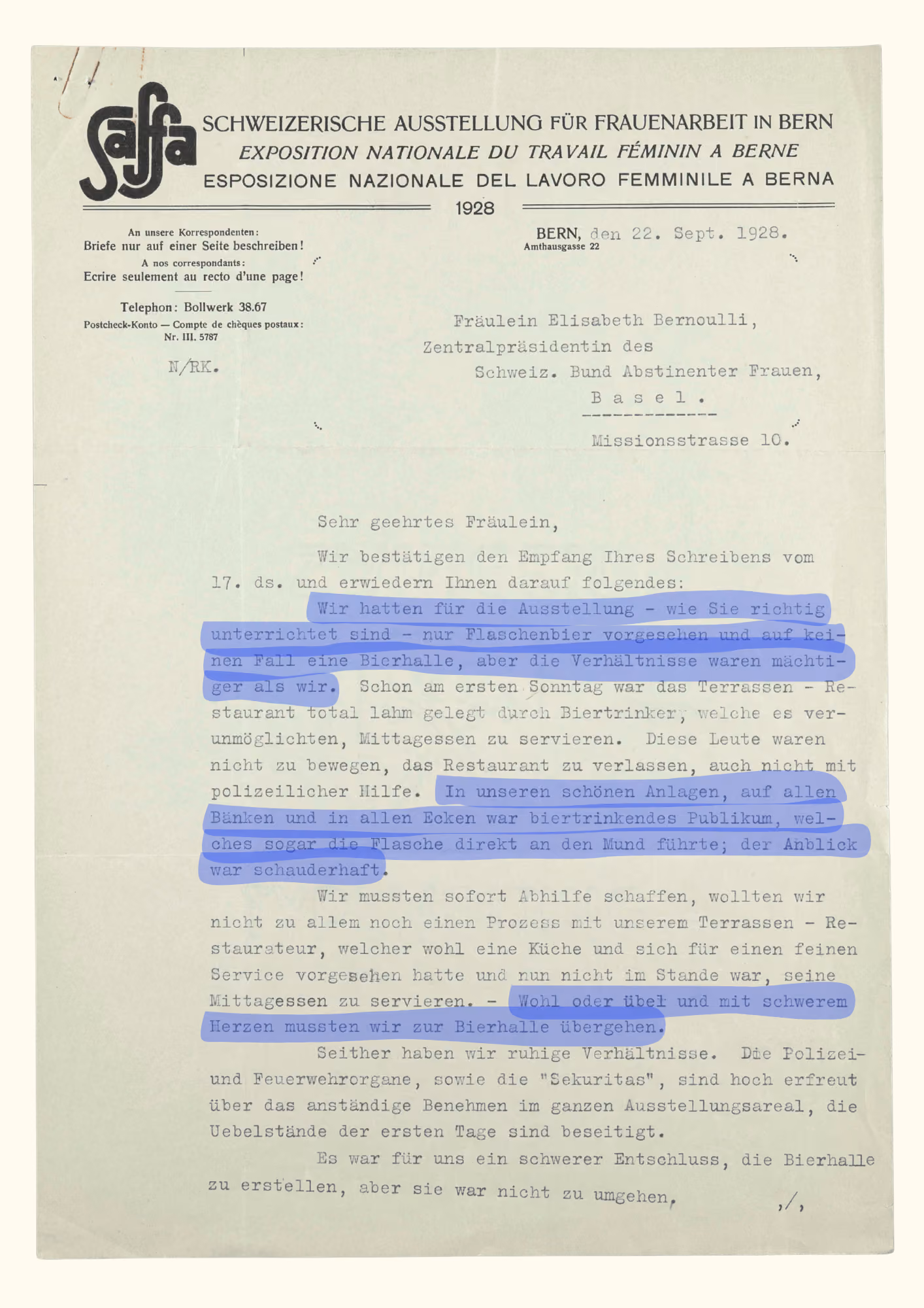 Brief von Rosa Neuschwander an Elisabeth Bernoulli, 22. September 1928, Gosteli-Archiv
