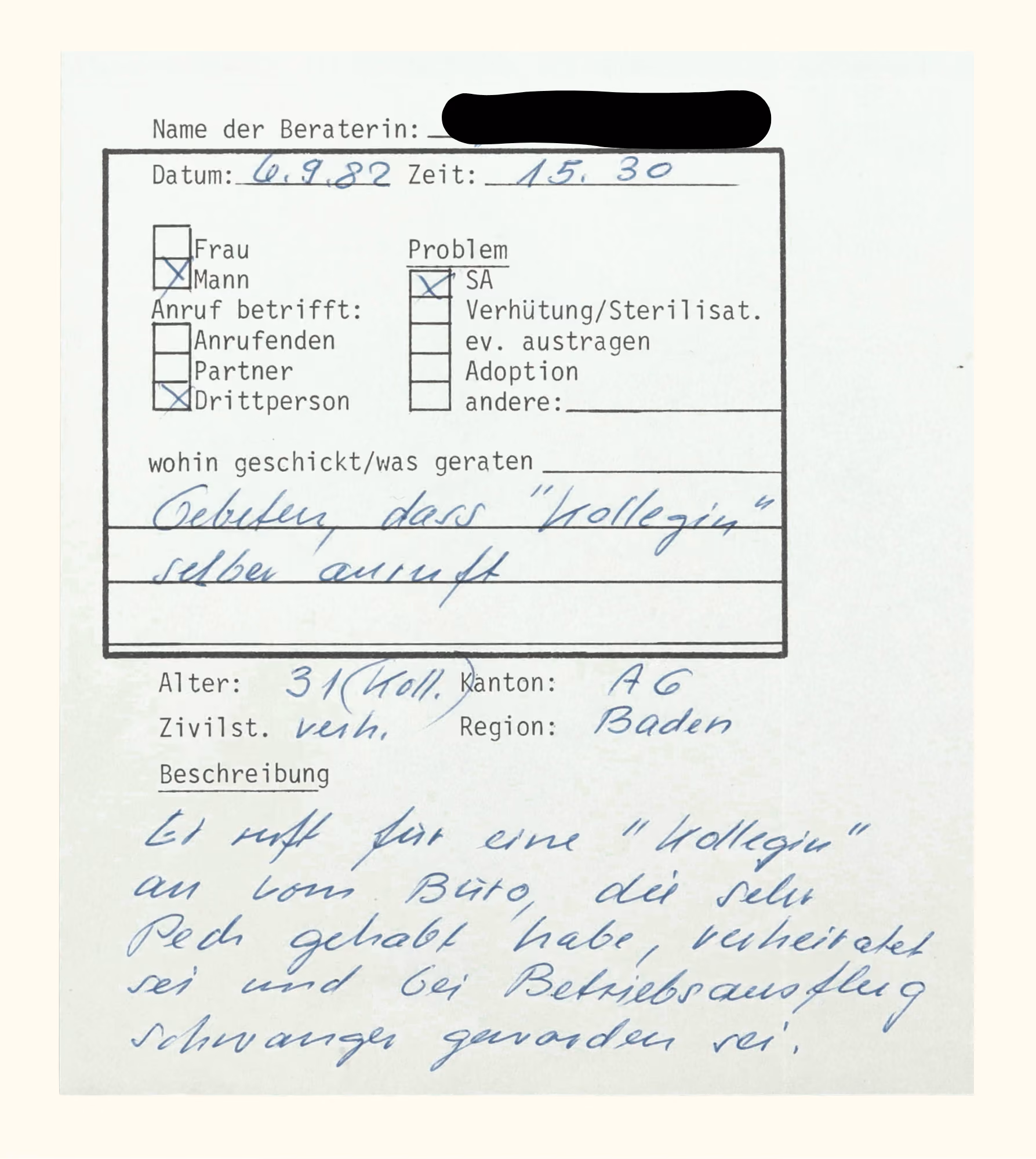 Telefonprotokoll, 6. September 1982, Gosteli-Archiv