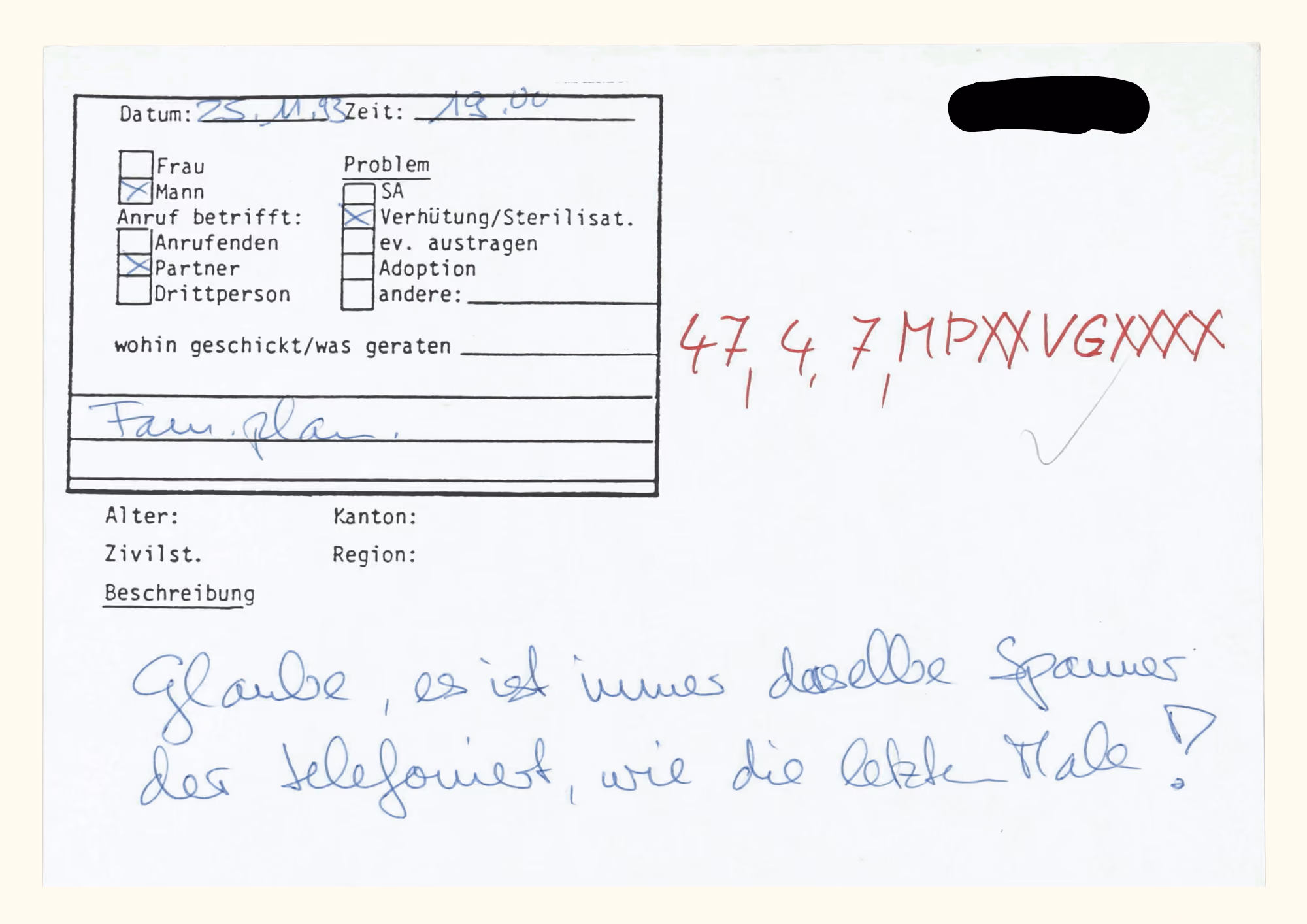 Telefonprotokoll, 25. November 1993, Gosteli-Archiv