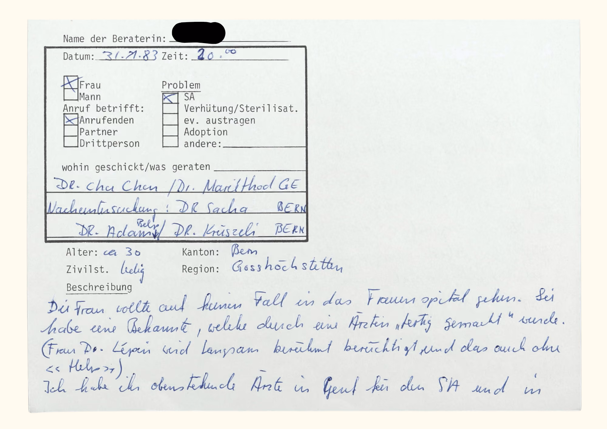Telefonprotokoll, 31. Januar 1983, Gosteli-Archiv