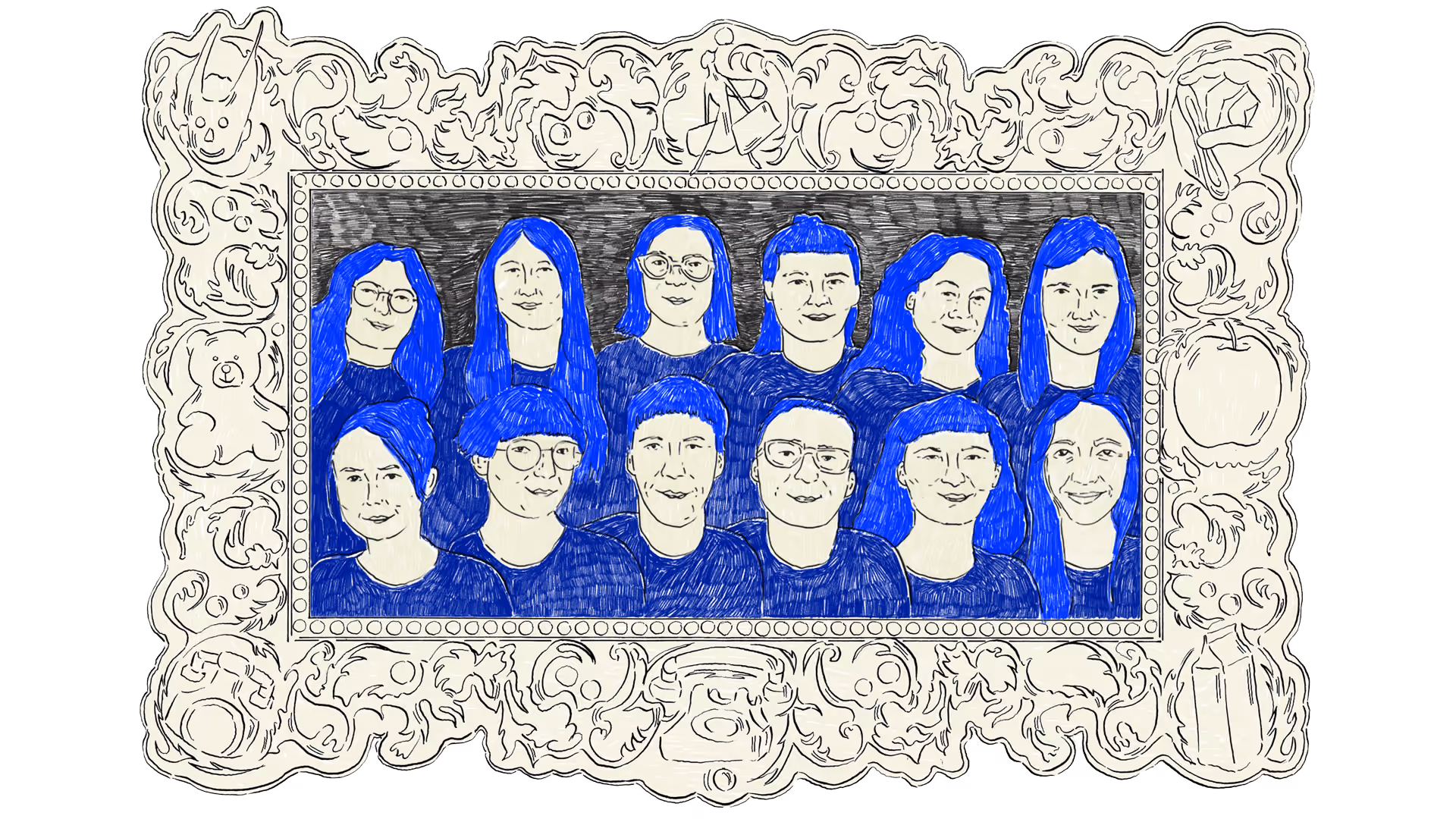Zeichnung eines Teams von elf Personen, fünf in der oberen und sechs in der unteren Reihe, alle mit blauer Kleidung und Haaren, umrahmt von einem kunstvollen dekorativen Rahmen mit verschiedenen Gegenständen wie einem Teddy, Apfel und Buch.