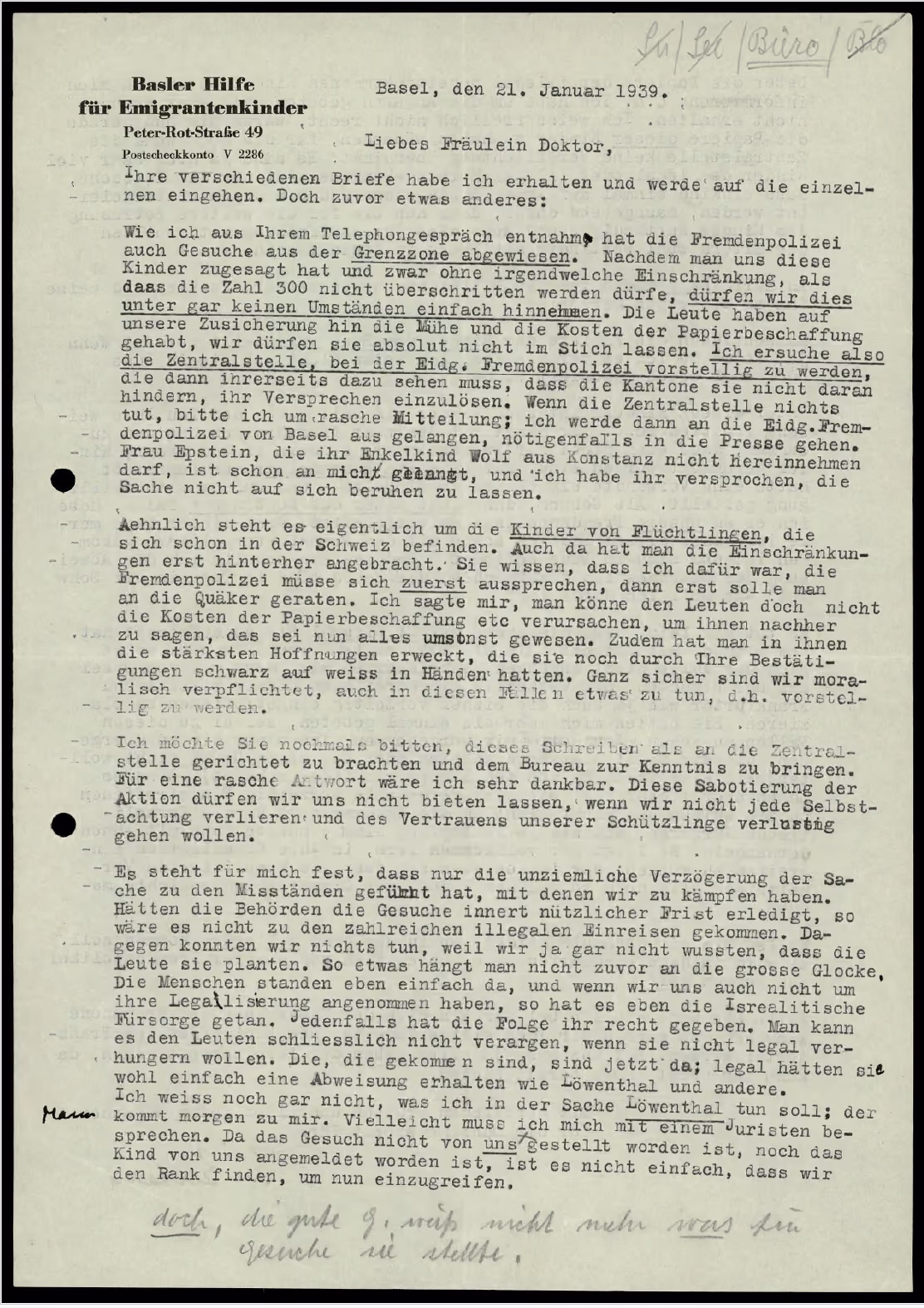 Brief von Georgine Gerhard an das Zentralsekretariat des SHEK, 21. Januar 1939, Schweizerisches Bundesarchiv