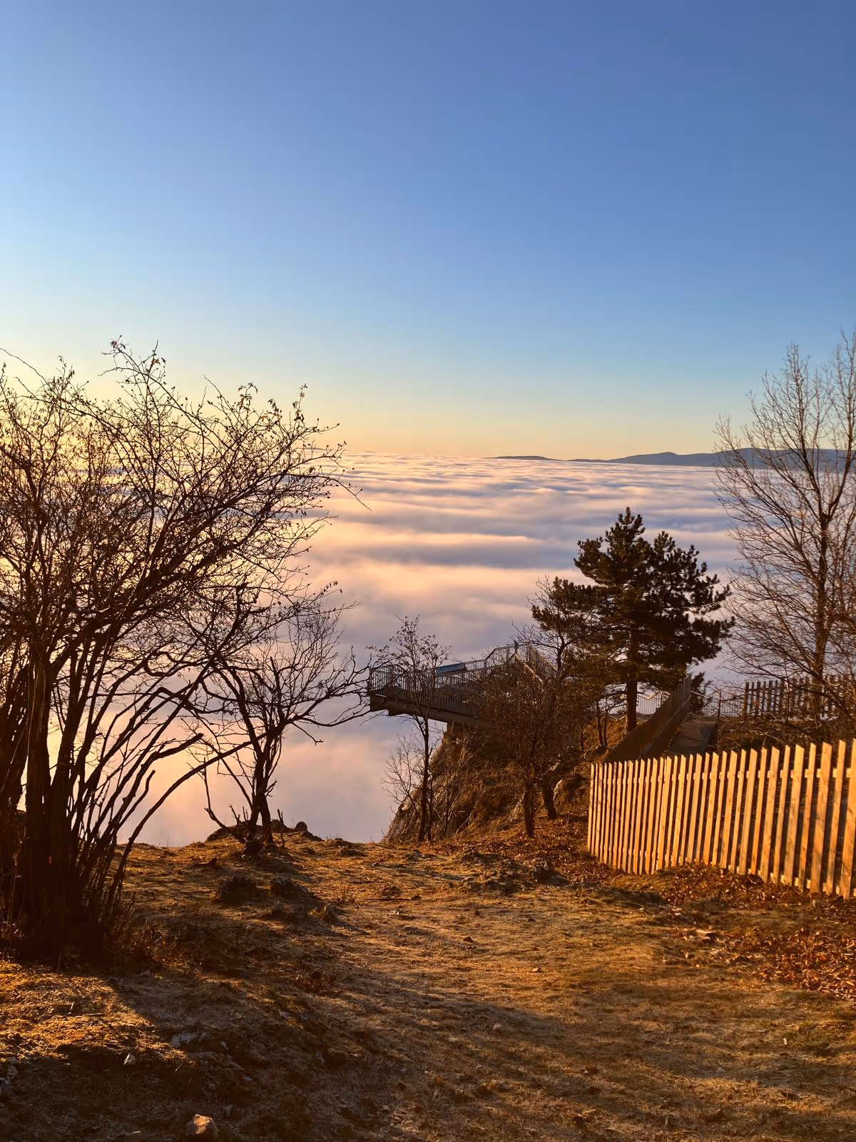 Wolkenmeer über den Wiener Alpen bei Sonnenuntergang, Aussicht nahe dem Gasthof Postl