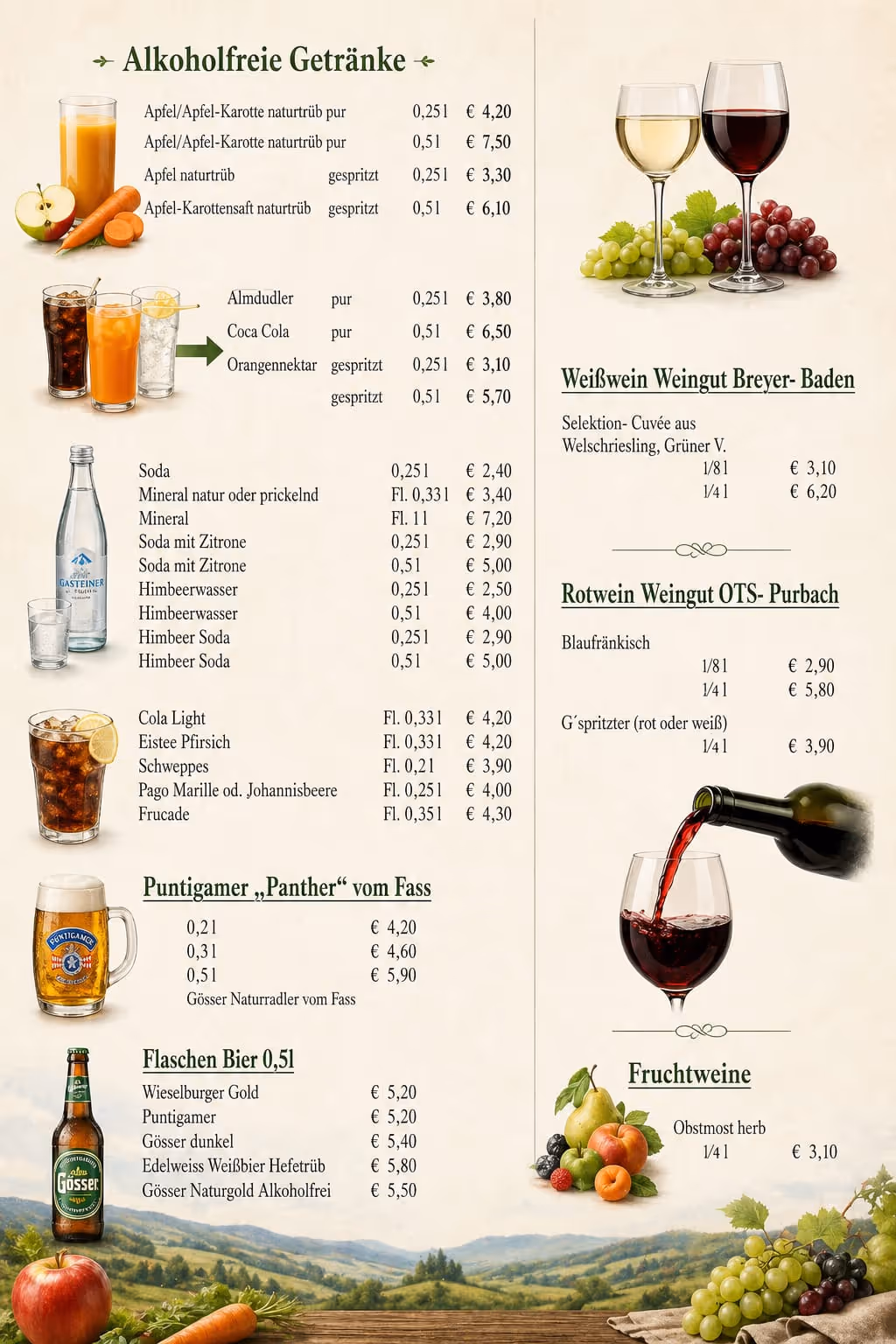 Getränkekarte mit alkoholfreien Getränken, Wein und Bier im Gasthof Postl