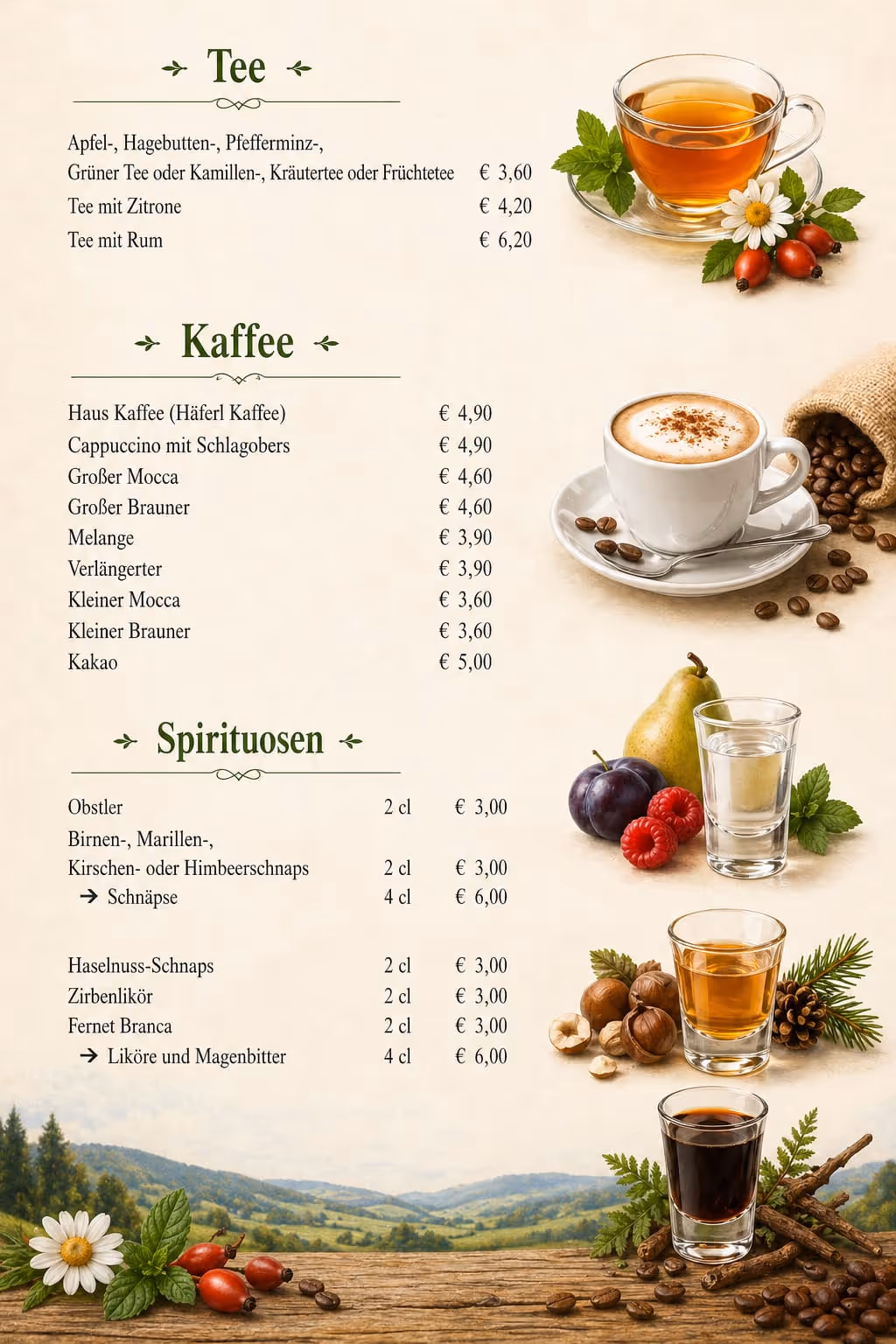 Getränkekarte mit Tee, Kaffee und Spirituosen des Alpengasthof Postl