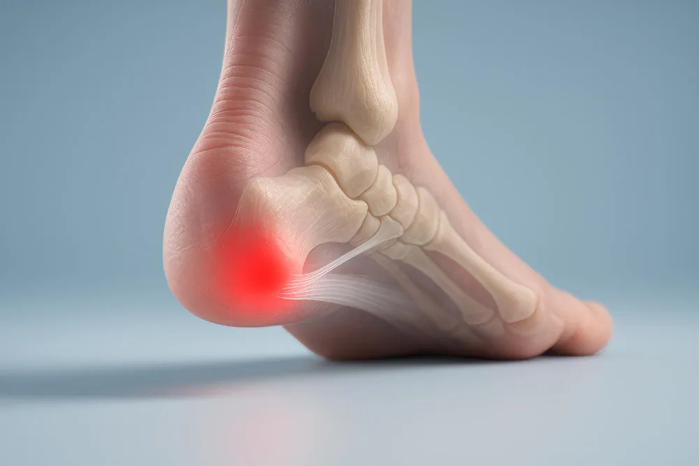 Foot side view highlighting heel pain with red glow and visible bones and ligaments.
