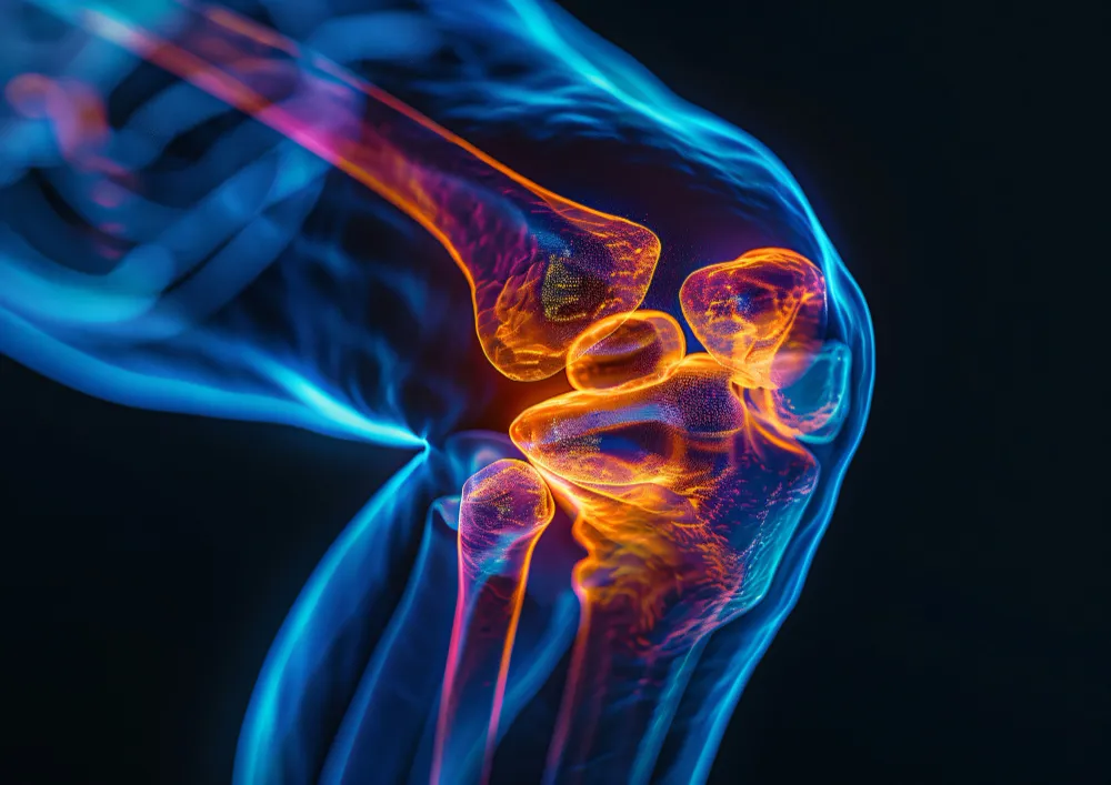 3D rendering of a human knee joint with bones and cartilage highlighted in blue and orange.