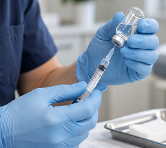 Healthcare professional wearing blue gloves drawing medication from a vial into a syringe for an injection.