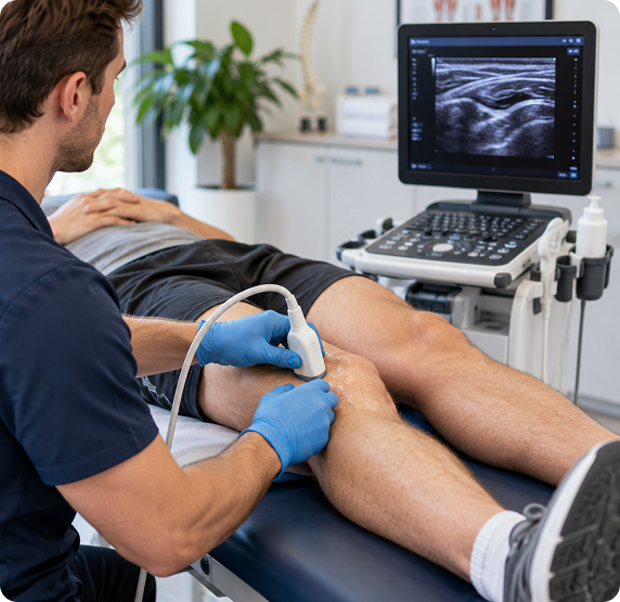 Sports medicine clinician performing a diagnostic ultrasound examination on a patient’s knee in a modern clinic.