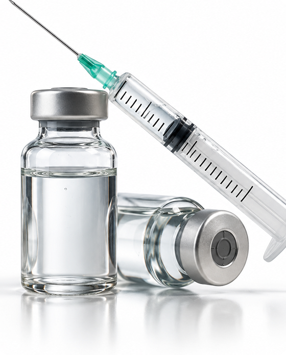 Syringe positioned beside two clear medication vials on a clean white background.
