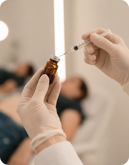 Healthcare professional drawing medication from an amber vial into a syringe before an injection treatment.