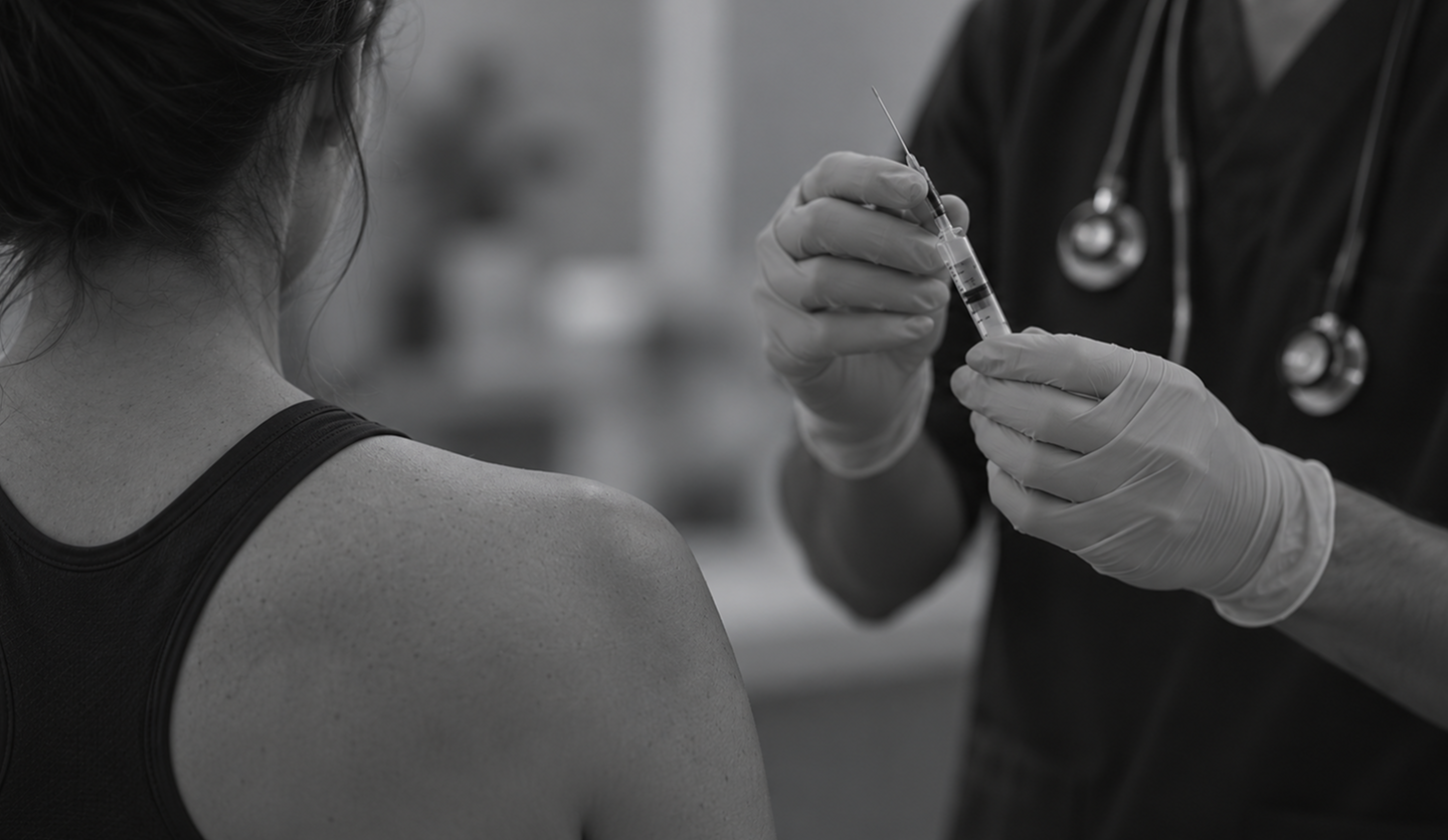 Healthcare professional preparing a syringe near a patient’s shoulder before a trigger point injection treatment.