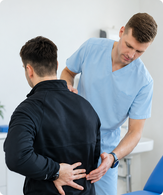 Physiotherapist assessing a patient’s lower back pain during a clinical examination.