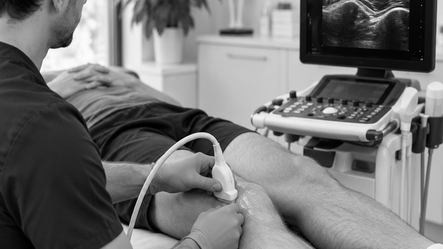 Clinician performing a musculoskeletal ultrasound examination on a patient’s knee in a modern medical clinic.