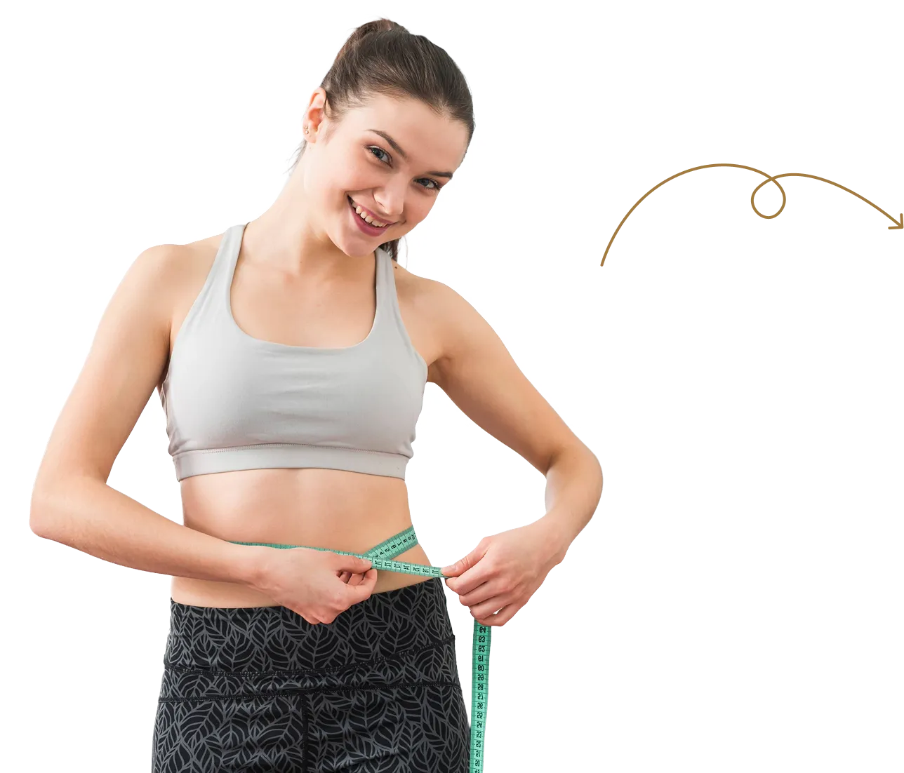 Smiling woman in sportswear measuring her waist with a green tape measure.