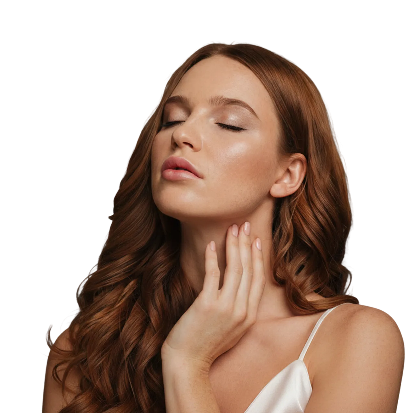 Woman with long red hair and closed eyes touching her neck, wearing a white sleeveless top.