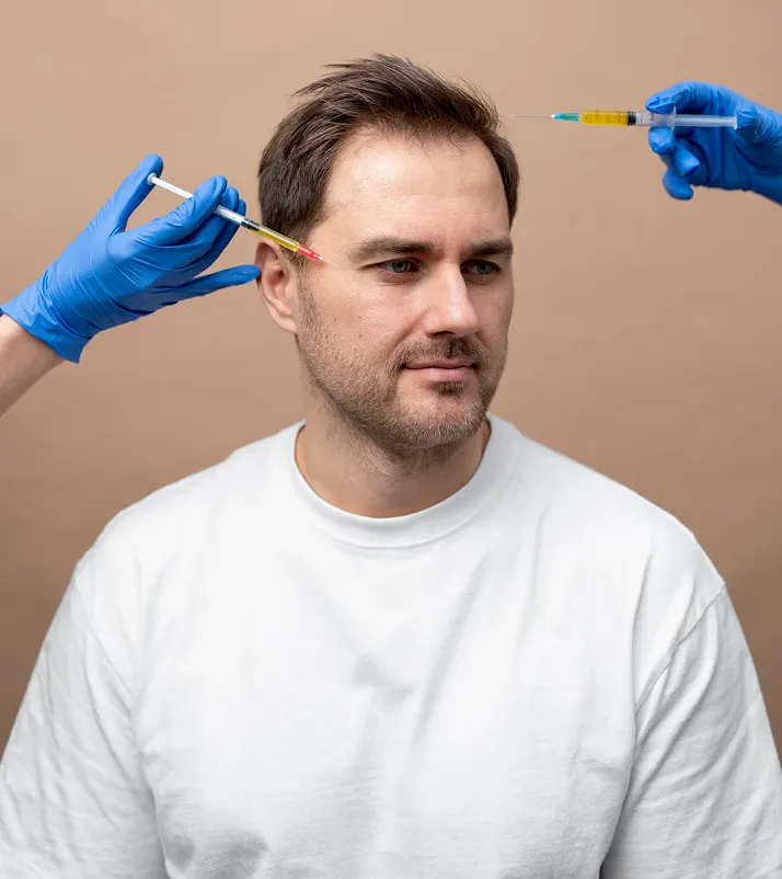 Man in white shirt receiving cosmetic injections near temples from gloved hands with syringes.