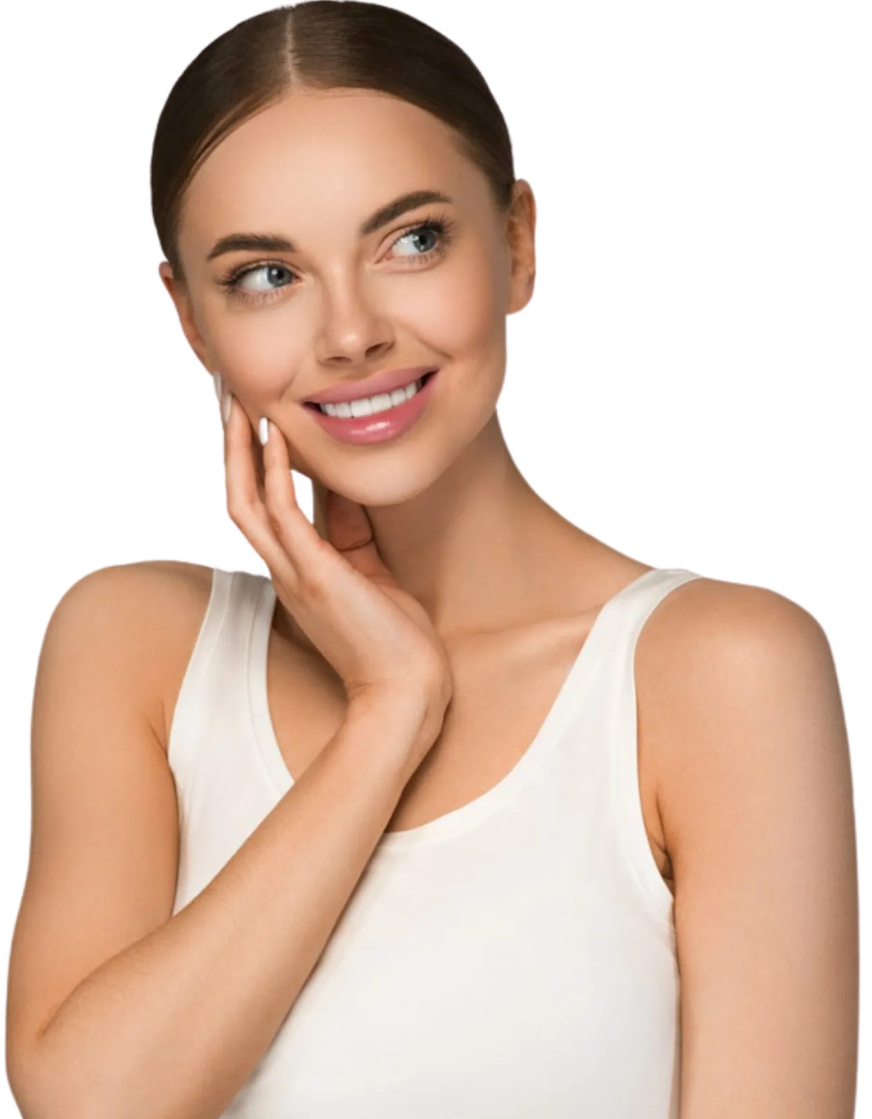 Smiling woman with clear skin in white sleeveless top touching her face and looking sideways.