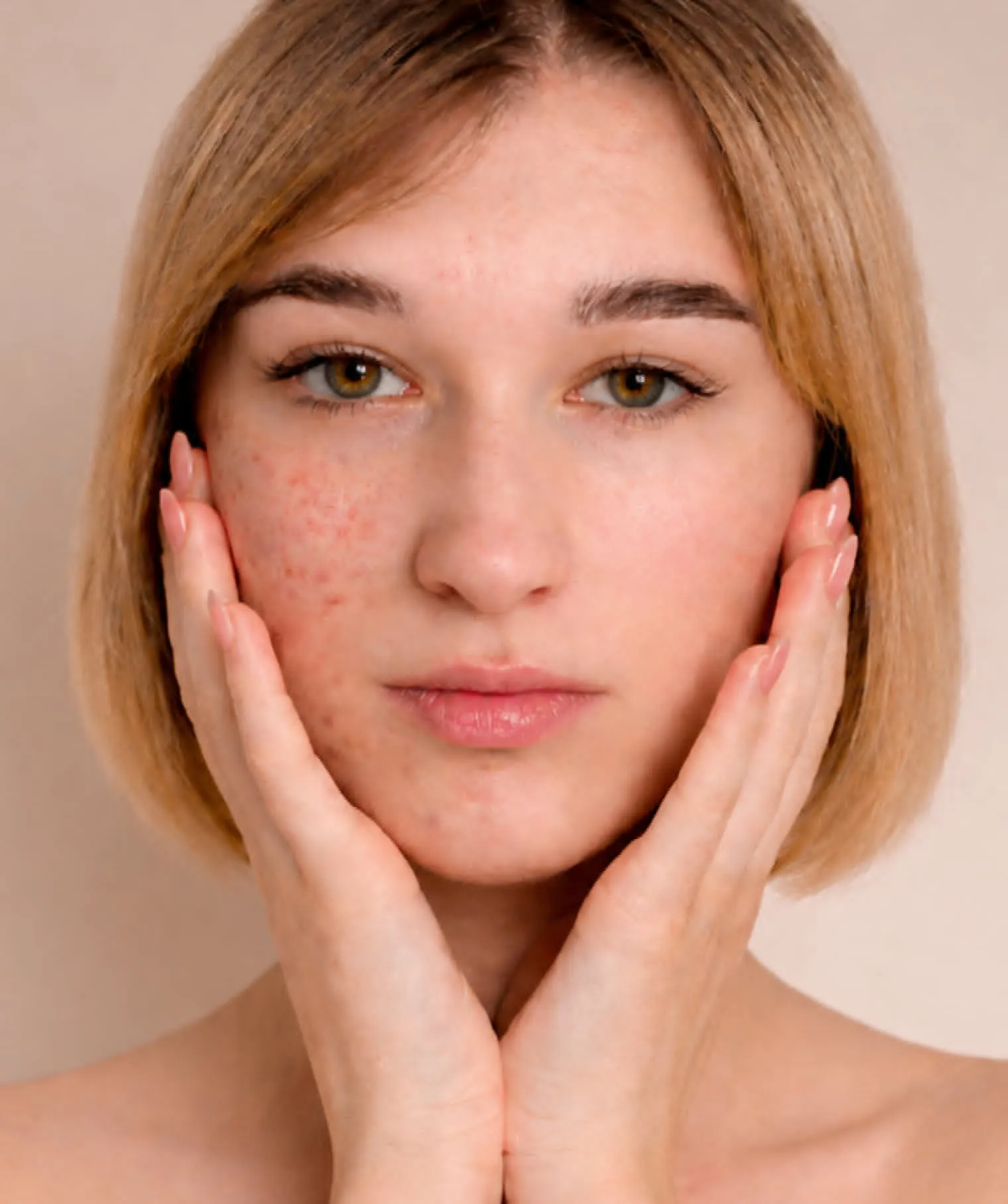 Woman with short blond hair touching both cheeks, left side shows redness and acne.