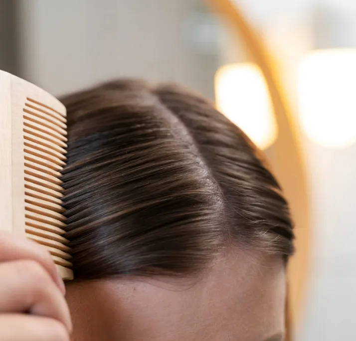 Close-up of a person combing thick dark brown hair parted in the middle.