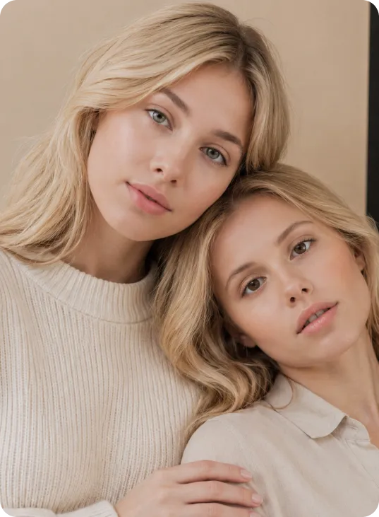 Two blonde women with natural makeup pose closely, one resting head on the other's shoulder.