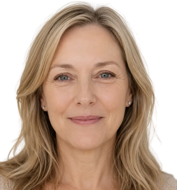 Smiling middle-aged woman with blonde hair and visible crow’s feet wrinkles near her eyes.