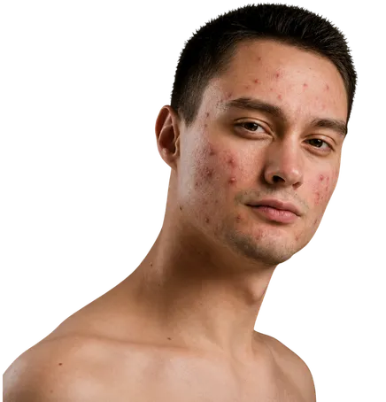 Young man with acne and blemishes on his face looking at the camera.