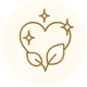 Gold line art of two leaves, dots, and stars forming a circular nature symbol.