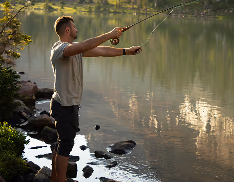 Un homme lance une ligne de pêche au bord d'un lac calme entouré de végétation.