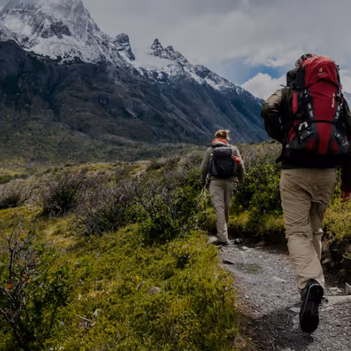 Two hikers on a green trail with snow-capped mountains in the background.
