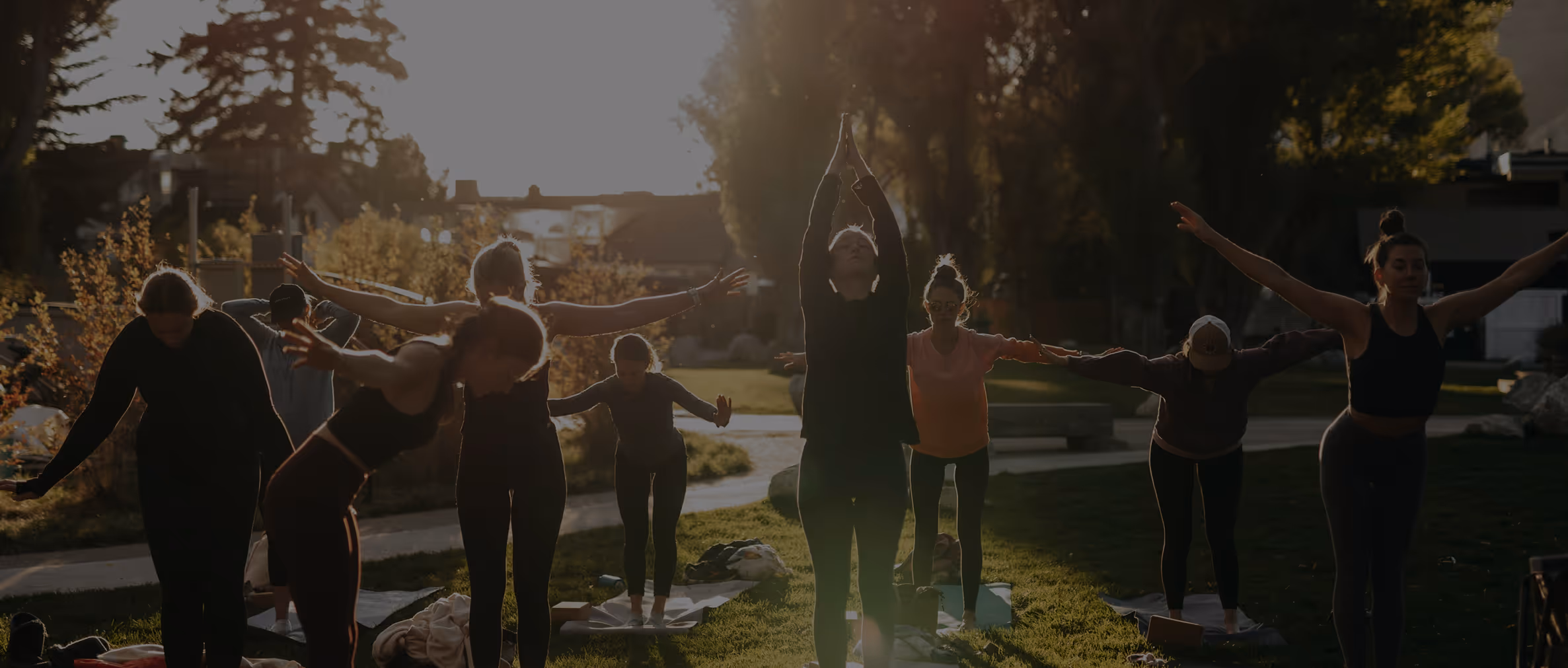 Un groupe de personnes fait du yoga en plein air au coucher du soleil dans un parc.