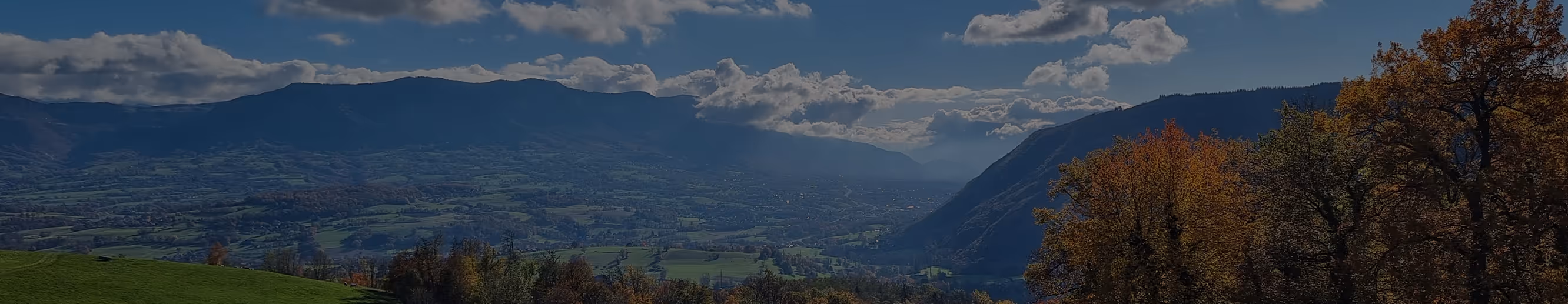 Paysage vallonné avec des arbres d'automne sous un ciel bleu partiellement nuageux.