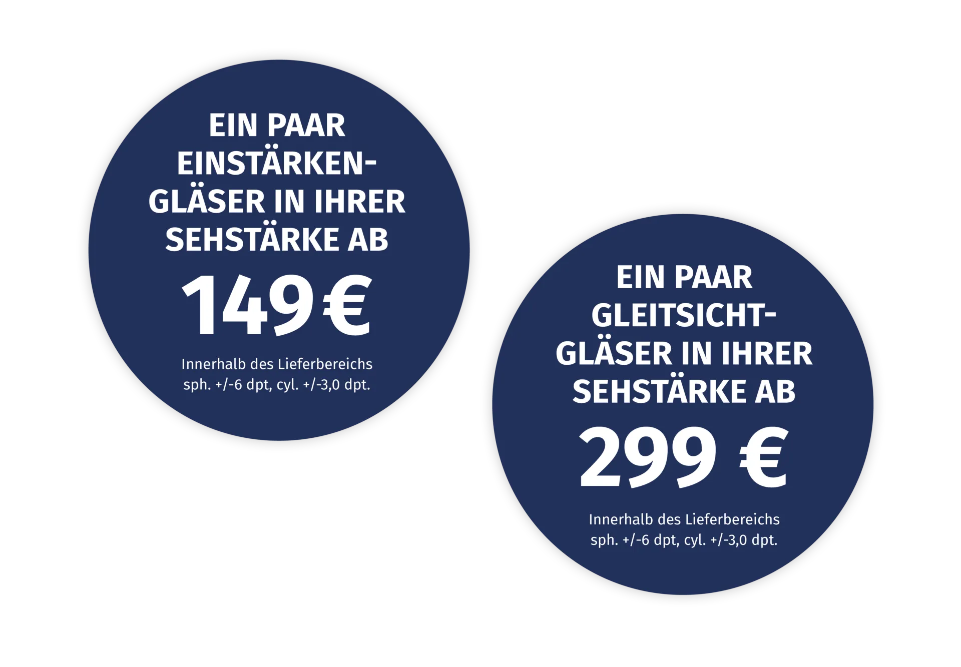Preisangaben für Einstärken-Gläser ab 149 € und Gleitsicht-Gläser ab 299 € in Sehstärke.