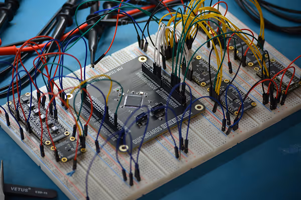 Electronic breadboard circuit with multiple colorful jumper wires and microcontroller modules connected.