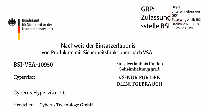 BSI certificate for Cyberus Hypervisor 1.0 by Cyberus Technology GmbH for security functions and limited use.