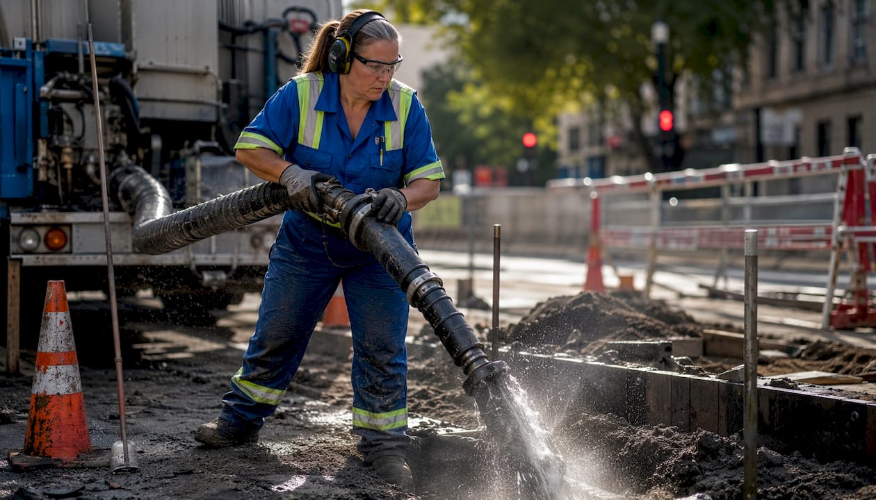 Operator using hydro vacuum excavation equipment safely