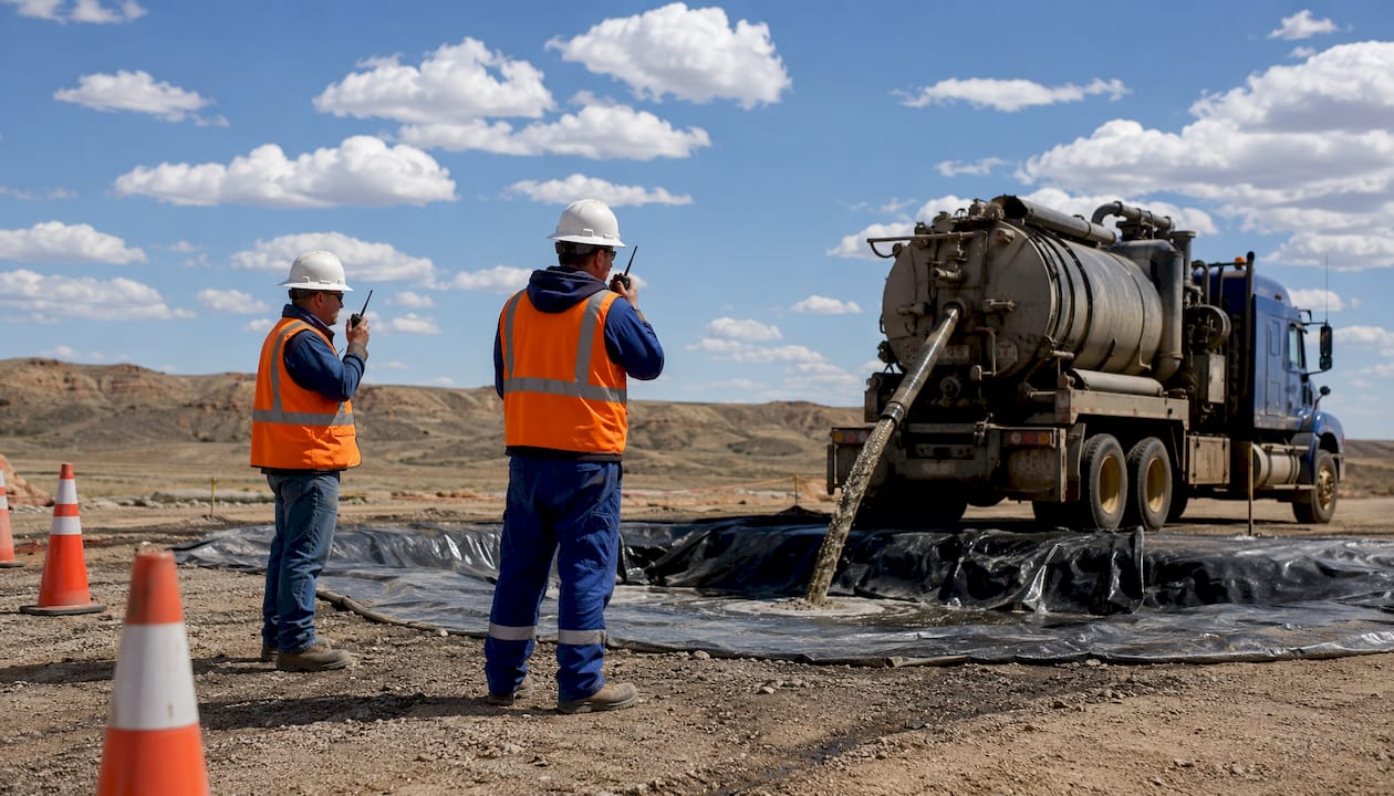 Drilling fluid disposal truck operating outdoors Wyoming