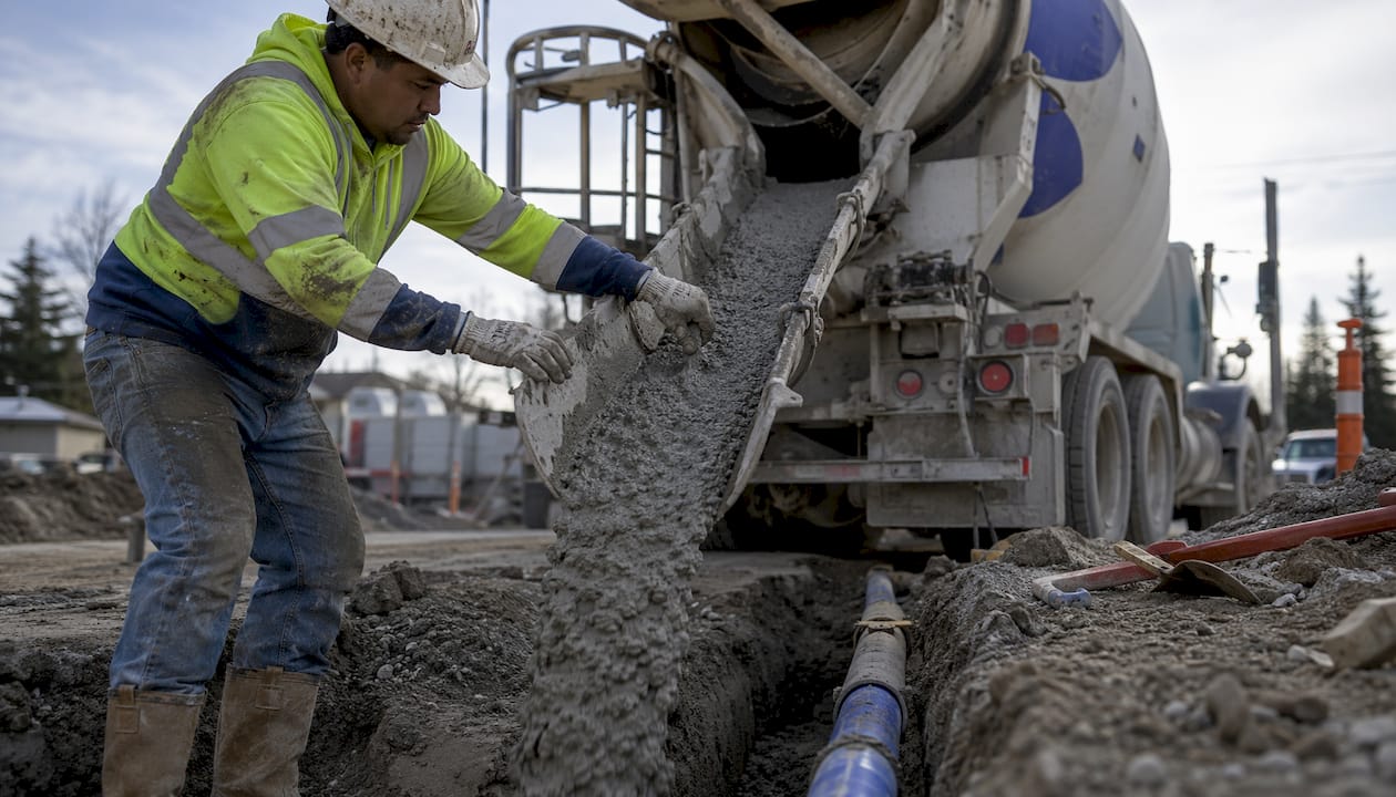 Hands controlling cement chute pouring flowable fill trench