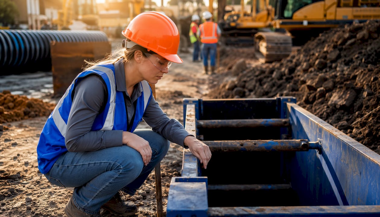 Safety officer inspecting trench shielding equipment