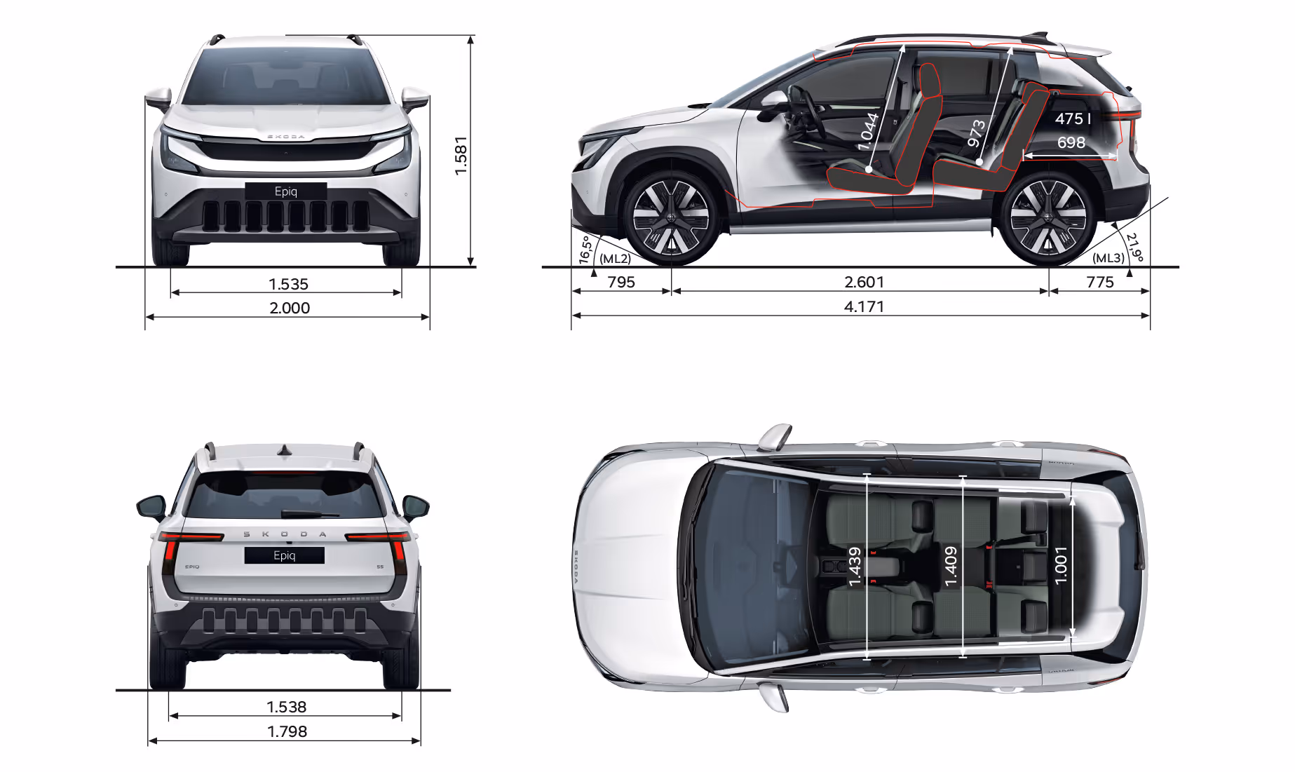 Grafische Darstellung des Škoda Epiq in der Lackierung Platinum-Weiß Metallic aus viererlei Perspektiven: Front-, Heck und Seitenansicht sowie Vogelperspektive. Die Abmessungen des Fahrzeugs werden in den verschiedenen Abbildungen dargestellt.