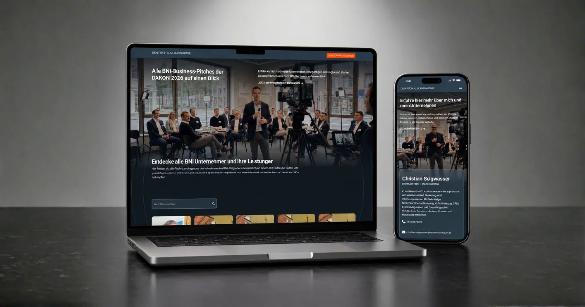 Laptop und Smartphone zeigen Websites mit BNI-Business-Pitches und Unternehmerinfos 2026.