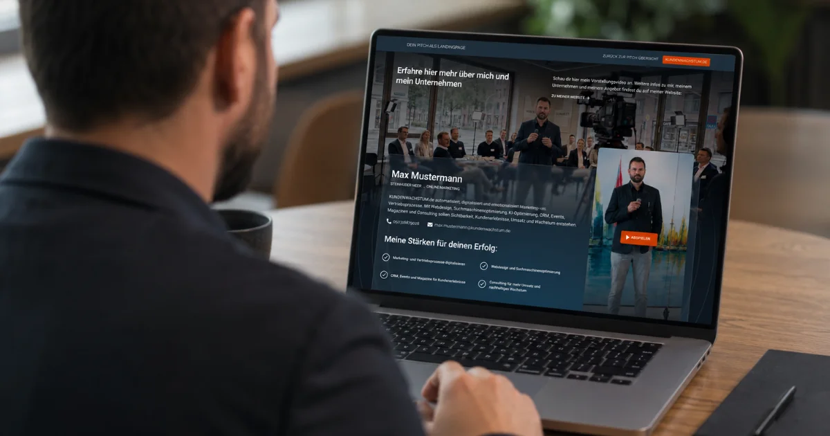 Mann sieht sich auf Laptop eine Unternehmenswebsite mit Videovorstellung und Marketinginfos an.