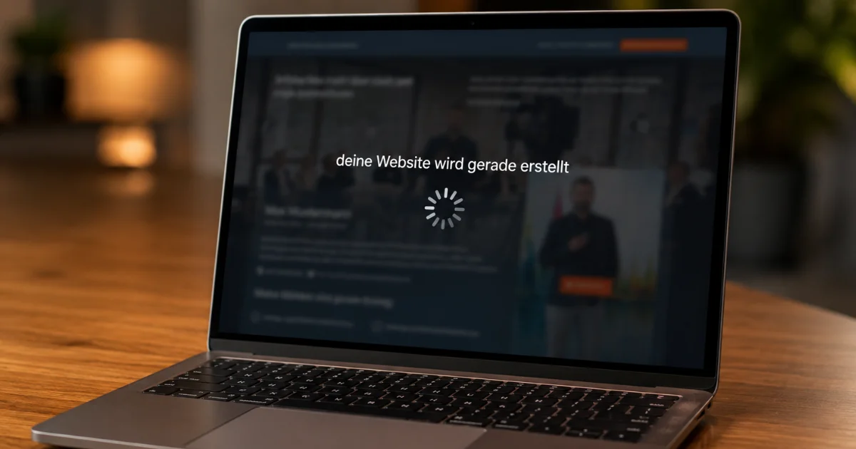 Laptop auf Holztisch zeigt Ladebildschirm mit Text "deine Website wird gerade erstellt" und Ladeanimation.