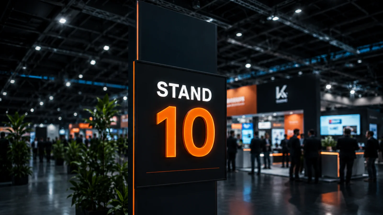 Leuchtschild mit dem Text Stand 10 auf einer Messe mit Menschen und Ständen im Hintergrund.