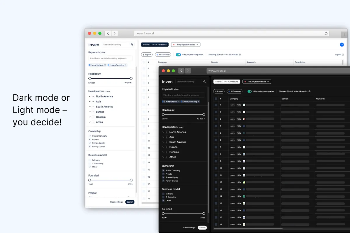 Inven UI dark mode and light mode