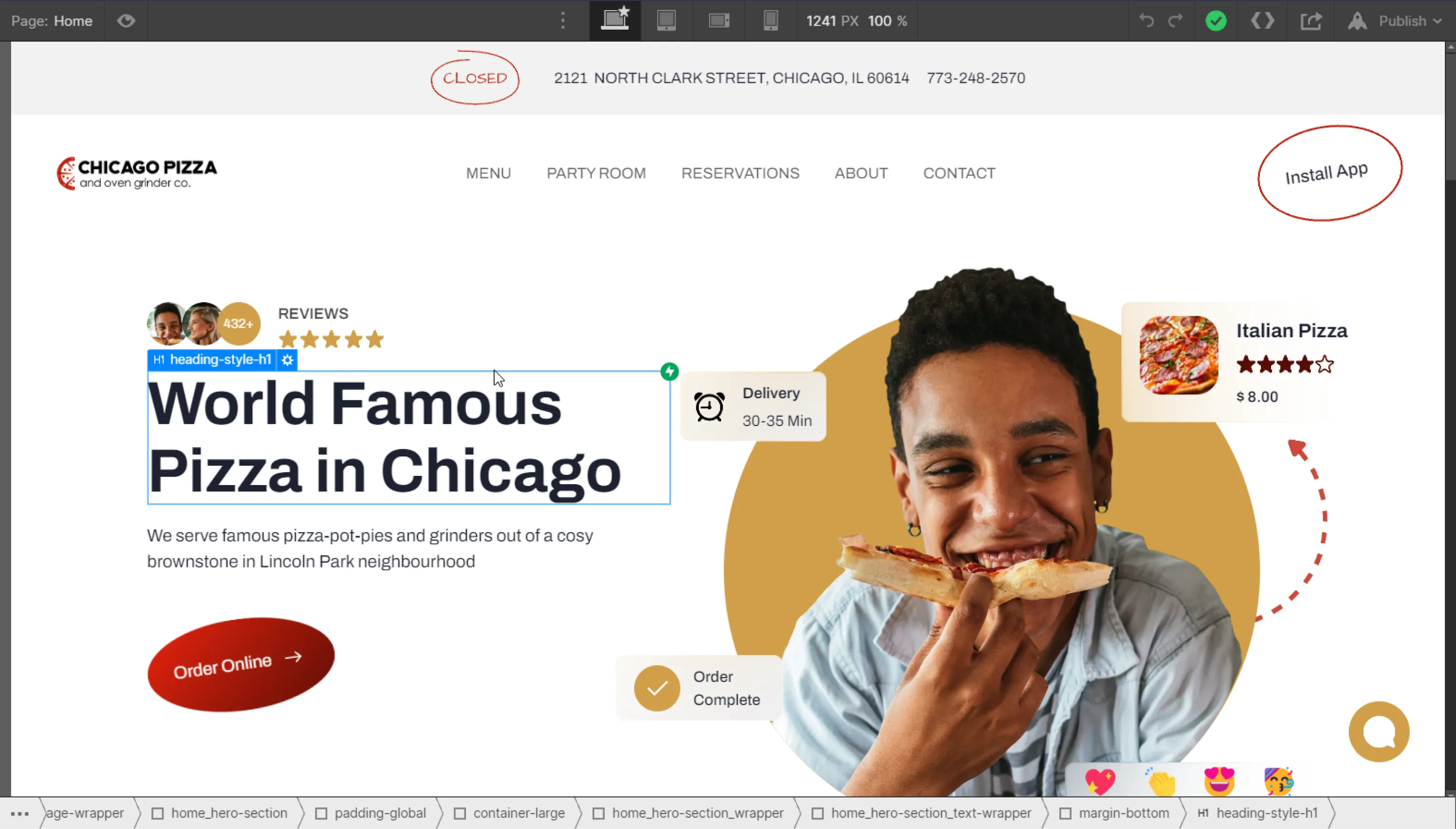 webflow preview of chicago pizza oven & grinder website