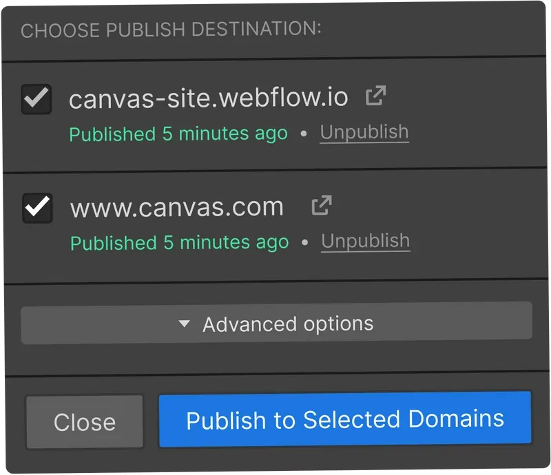 Webflow site publish settings showing domain configuration